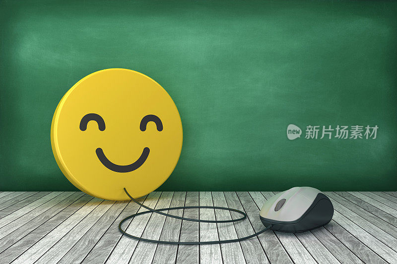 快乐的Emoticon与电脑鼠标在黑板上- 3D渲染